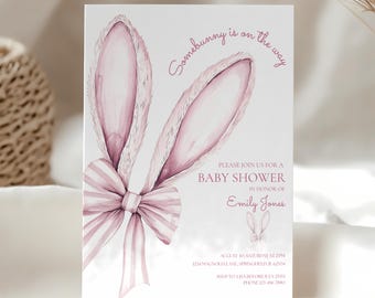 Some Bunny Baby Shower Invitation, Somebunny Is On the Way Invite, Pink Girl Baby Shower Coquette Bow Easter Sprinkle Bunny Invite BS76