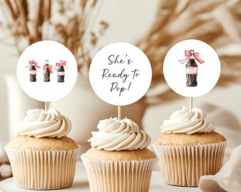 Adornos para cupcakes de baby shower "Está lista para explotar" - Tema de botella de refresco - Decoración de lazo rojo coqueto - Plantilla neutra para baby shower de verano BS153