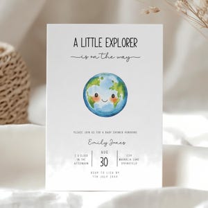 Little Explorer Baby Shower Invitation - Adventure Awaits Baby Shower Invite - Gender Neutral Editable Invite - Travel Theme Earth BS209
