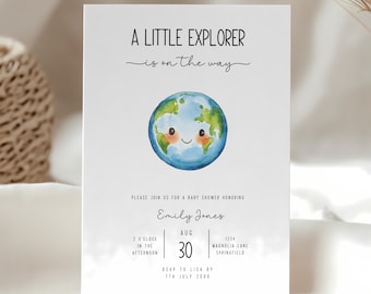 Zaproszenie na baby shower „Mały odkrywca” – Zaproszenie na baby shower „Przygoda czeka” – Zaproszenie edytowalne, neutralne pod względem płci – Motyw podróży Ziemia BS209