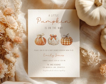 Little Pumpkin Baby Shower Invitation - Rustic Fall Baby Shower Printable - Editable Pumpkin Baby Shower Template - Gingham Pumpkins BS180