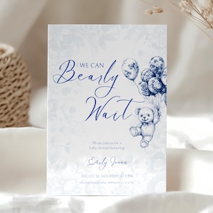 Editable We Can Bearly Wait Baby Shower Invitation, Teddy Bear Baby Shower Invite Printable, Boy Baby Shower Blue Toile de Jouy Vintage BS35