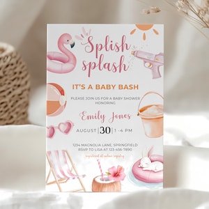 Splish Splash Baby Shower Invitation - Pool Party Theme - Girl Summer Baby Bash Invite - Editable Pink Beach Baby Shower Template BS141