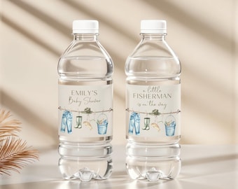 Fishing Baby Shower Water Bottle Labels - A Little Fisherman Is On The Way Baby Shower Decor - Editable Outdoors Reel Hunting Wrappers BS160