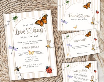 Love Bug Baby Shower Invitation Bundle with Lady Bug - Beige Cottagecore Spring Shower - Bee & Butterfly Garden Party Invite Set BS276