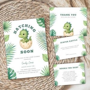 Dinosaur Hatching Soon Baby Shower Invitation Bundle -  Dino Jurassic Boy Baby Shower Invite Set - Editable Printable Party Template BS216