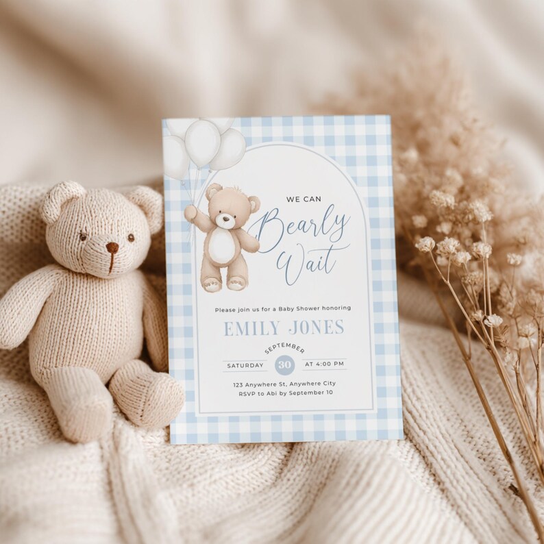 Blue Teddy Bear Baby Shower Invitation - Editable We Can Bearly Wait Baby Shower Invite Boy - Blue Gingham Invite Template Digital Evite - Teddy Bear Balloons Boho BS295