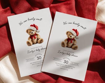 May include: Two baby shower invitations with a teddy bear wearing a Santa hat and a red bow tie. The text reads "We can bearly wait" and details for Emily's baby shower on December 30th.