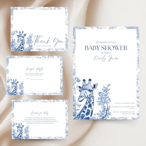 Toile De Jouy Safari Animal Baby Shower Invitation Bundle Giraffe, Jungle Theme Invite, Blue Chinoiserie, Baby Boy, Chic Luxury BS14