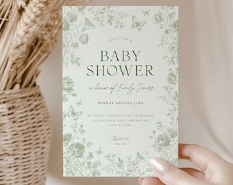 Green Toile Baby Shower Invitation - Elegant Vintage Floral Toile de Jouy Baby Shower Invite - Chinoiserie Victorian French Boy Shower BS187