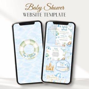 May include: Two smartphones displaying a baby shower website template with a light blue water background. The left screen shows a green and white life preserver with the text 'tap to splash'. The right screen displays invitation cards with beach-themed illustrations and text including 'Splish splash', 'Books for Baby', 'Diaper Raffle', and 'RSVP here'.