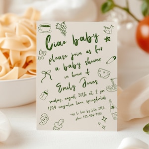 Convite para chá de bebê Ciao, tema mediterrâneo desenhado à mão em italiano, modelo de convite para festa de almoço e jantar, gênero neutro verde Bambino BS119
