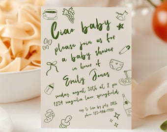 Ciao Baby Shower Invitation, Italian Hand Drawn Mediterranean Theme, Lunch Dinner Party Invite Template, Gender Neutral Green Bambino BS119