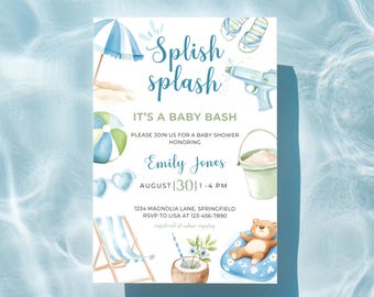 Splish Splash Baby Shower Invitation - Pool Baby Shower Invite - Splish Splash Baby Bash - Blue Summer Editable Boy Shower Template BS142