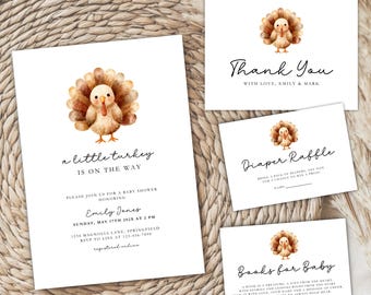 Paquete de invitaciones para baby shower de Little Turkey - Little Turkey Is On The Way - Conjunto de invitaciones para baby shower de Acción de Gracias y otoño - Our Little Turkey BS254