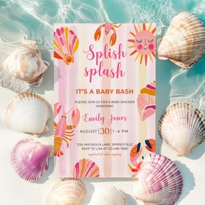 Splish Splash Baby Shower Invitation - Pool Baby Shower Invite - Splish Splash Baby Bash - Pink Summer Editable Girl Shower Template BS157