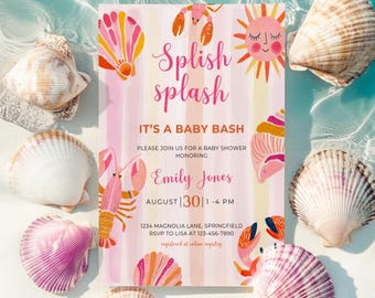 Invitación para baby shower "Splish Splash" - Invitación para baby shower en la piscina - Fiesta de bienvenida al bebé "Splish Splash" - Plantilla editable para baby shower de niña en color rosa verano BS157