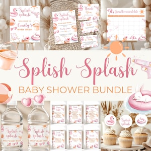 Splish Splash Baby Shower Bundle - Pool Party Baby Shower - Girl Summer Baby Bash Decor - Editable Pink Beach Baby Shower Templates BS141