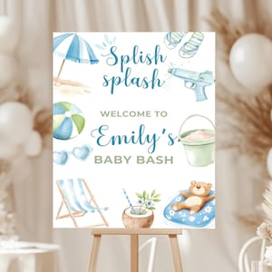 Splish Splash Baby Shower Welcome Sign - Pool Baby Shower Decor - Splish Splash Baby Bash - Blue Summer Editable Boy Shower Template BS142