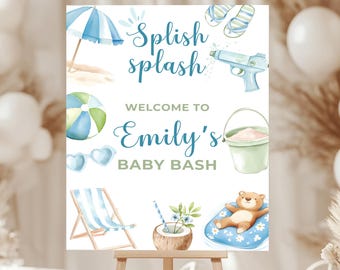 Splish Splash Baby Shower Welcome Sign - Pool Baby Shower Decor - Splish Splash Baby Bash - Blue Summer Editable Boy Shower Template BS142