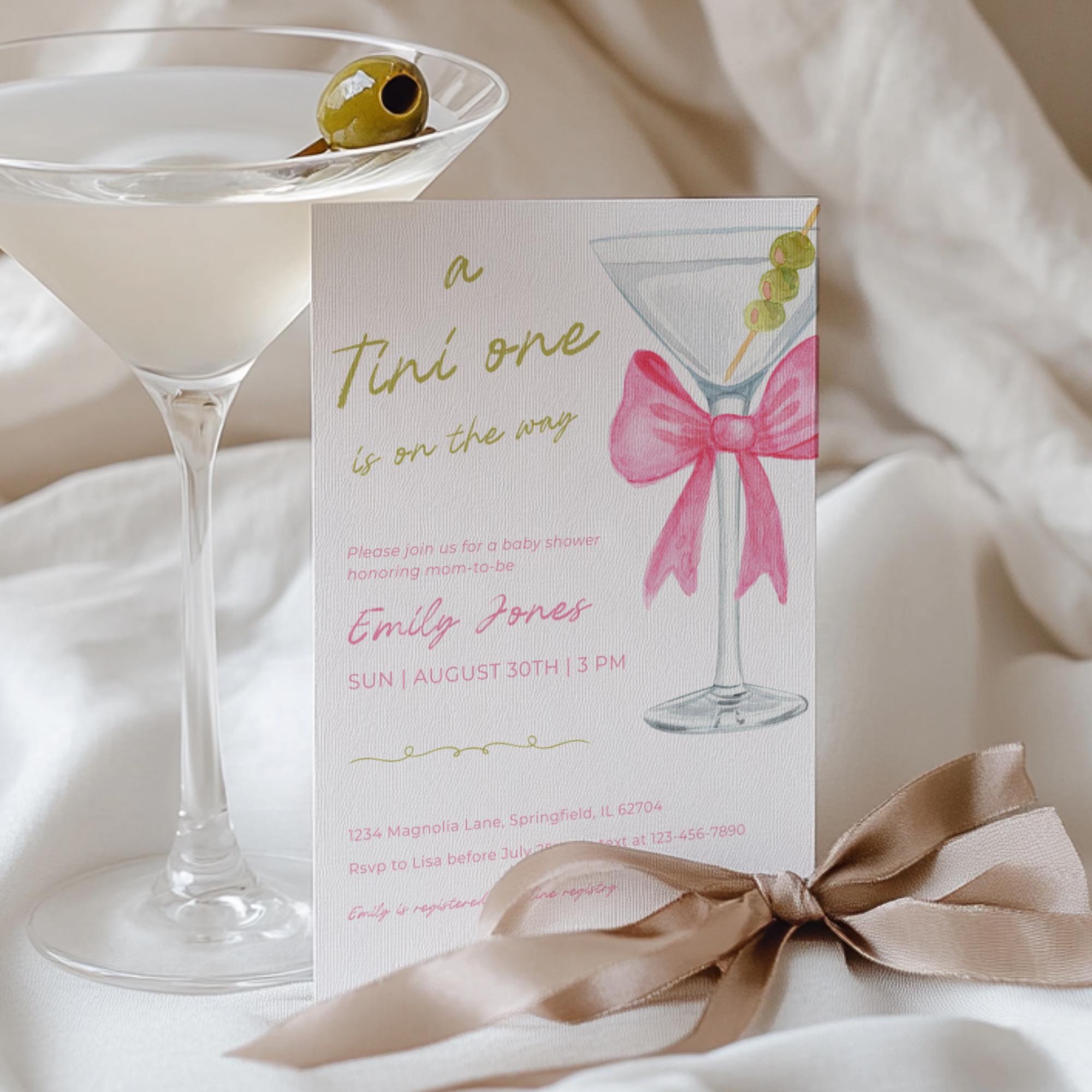 A Tini One On The Way Baby Shower Invitation, Martini Invite, Editable Baby is Brewing Template Printable, Coquette Pink Bow Shower BS123