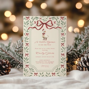 Little Goose Christmas Baby Shower Invitation - Red Bow Baby Shower Invite - Editable Winter Wonderland Merry Little Baby Shower BS251