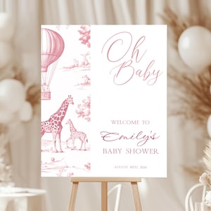 Cartello di benvenuto per baby shower con motivo safari in toile de jouy rosa, decorazioni per baby shower con tema animali safari, giraffa safari rosa in toile de jouy BS121