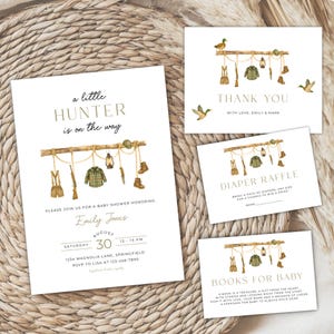 Lot d&#39;invitations pour baby shower A Little Hunter Is on the Way - Invitation de baby shower de chasse au canard colvert modifiable - Boho outdoor Woodland BS243