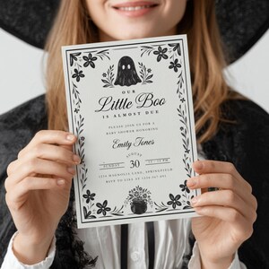 A Little Boo is Almost Due Halloween Baby Shower Invitation - Spooky Gender Reveal Black Floral Gothic Invite - Cute Spooky Baby Shower Invitation - A Little Boo Baby Shower Invite BS219
