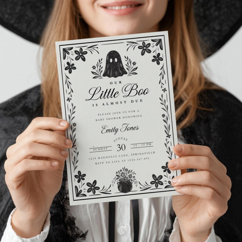 A Little Boo is Almost Due Halloween Baby Shower Invitation - Spooky Gender Reveal Black Floral Gothic Invite - Cute Spooky Baby Shower Invitation - A Little Boo Baby Shower Invite BS219
