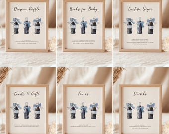 Zestaw znaków na stół na baby shower „She's Ready to Pop” – dekoracja kokardki z motywem niebieskiej butelki po napoju – neutralny, edytowalny szablon na letni baby shower BS153