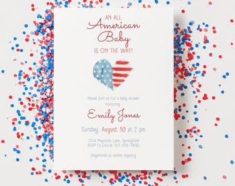 Patriotic Baby Shower Invitation - All American Baby Theme - Editable Red White and Blue Heart Template, 4th July Summer Shower Invite BS149