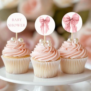 Pink Bow Baby Shower Cupcake Toppers - Bows and Pearls Baby Shower Decor - Coquette Bow Girl Baby Shower - Elegant Printable Decor BS164