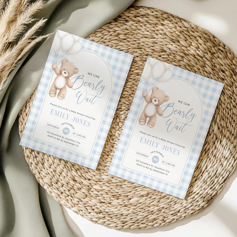 Blue Teddy Bear Baby Shower Invitation - Editable We Can Bearly Wait Baby Shower Invite Boy - Blue Gingham Invite Template Digital Evite - Teddy Bear Balloons Boho BS295