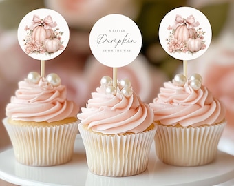 Pink Pumpkin Baby Shower Cupcake Toppers  - Elegant Fall Floral Pink Bow Coquette - Little Pumpkin Baby Shower Decor Dusty Pink BS233