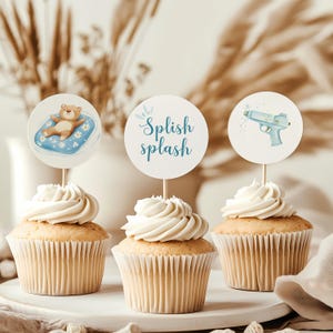Splish Splash Baby Shower Cupcake Toppers - Pool Baby Shower Decorations - Splish Splash Baby Bash - Blue Summer Boy Shower Template BS142
