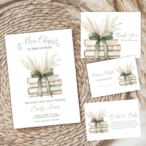 Storybook Baby Shower Invitation Bundle, A New Chapter is About To Begin Invite Boho Green Gender Neutral Book Themed Boy Baby Shower BS72