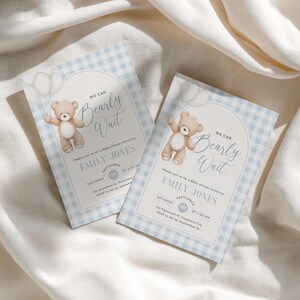 Blue Teddy Bear Baby Shower Invitation - Editable We Can Bearly Wait Baby Shower Invite Boy - Blue Gingham Invite Template Digital Evite - Teddy Bear Balloons Boho BS295
