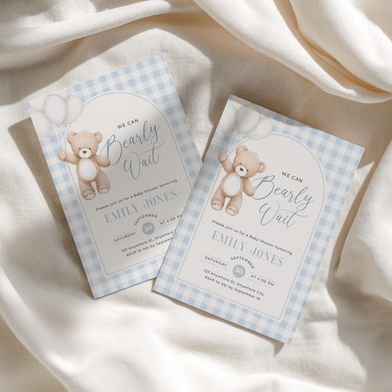 Blue Teddy Bear Baby Shower Invitation - Editable We Can Bearly Wait Baby Shower Invite Boy - Blue Gingham Invite Template Digital Evite - Teddy Bear Balloons Boho BS295