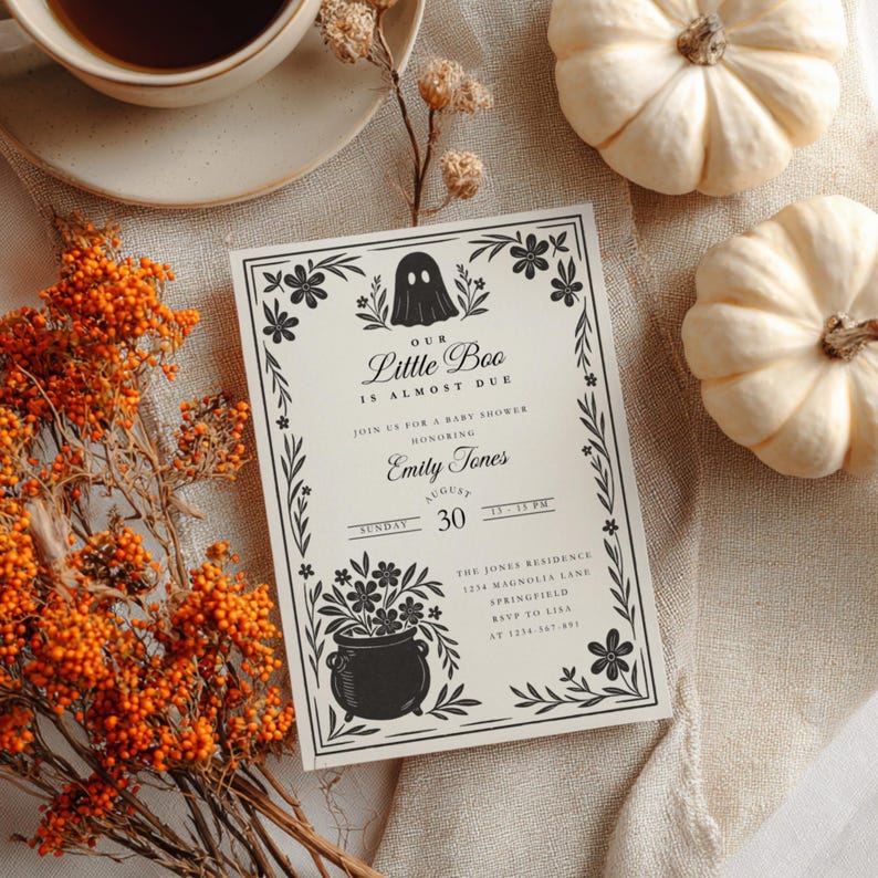A Little Boo is Almost Due Halloween Baby Shower Invitation - Spooky Gender Reveal Black Floral Gothic Invite - Cute Spooky Baby Shower Invitation - A Little Boo Baby Shower Invite BS219