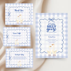 Silly Goose Baby Shower Invitation Bundle, Blue Baby Shower Invite Printable, Mother Goose Baby Shower Gingham, Spring Baby Boy Shower BS23