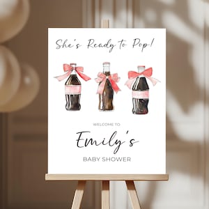 Sie ist bereit für die Babyparty Willkommensschild - Sodaflasche Thema - Rotes Kokette Bogen Zeichen - Neutral bearbeitbare Sommer Babyparty Vorlage BS153