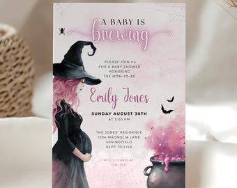 May include: A baby shower invitation with a witch theme. The design features a pregnant woman in a witch hat, a cauldron with pink potion, and the text "A Baby is Brewing". The invitation includes the date, time, and location.
