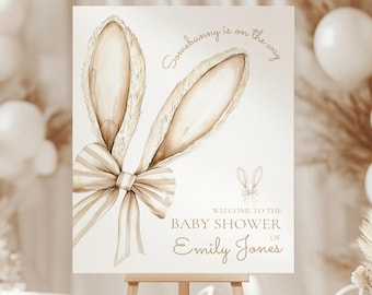 Some Bunny Baby Shower Welcome Sign, Somebunny Is On the Way Invite, Beige Neutral Baby Shower Coquette Bow Easter Sprinkle Bunny Boho BS76