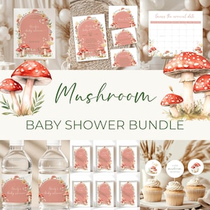 Pacchetto per baby shower a tema funghi: festa in giardino nel bosco, modelli modificabili (download digitale)