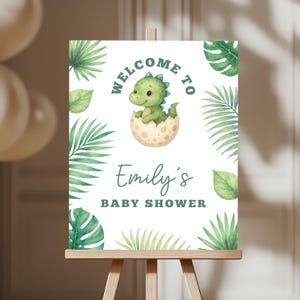 Dinosaur Hatching Soon Baby Shower Welcome Sign -  Dino Jurassic Boy Baby Shower Decor Sign - Green Editable Printable Party Template BS216