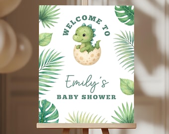 Panneau de bienvenue pour baby shower dinosaure à éclore - panneau de décoration Dino Jurassic Boy Baby Shower - modèle de fête imprimable vert modifiable BS216