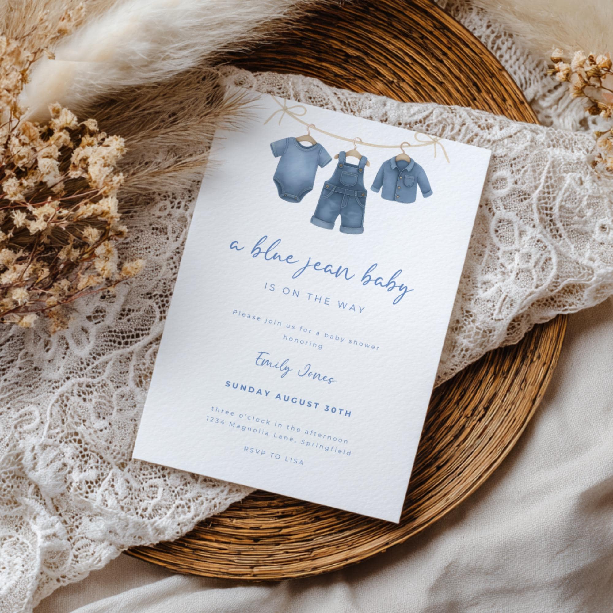 Blue Jean Baby Shower Invitation Boy - Denim Baby Shower Invite - Editable Clothesline Western Party Theme Template Baby Sprinkle BS194