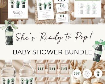 She’s Ready to Pop Baby Shower Bundle - Soda Bottle Theme - Green Coquette Bow Decor - Neutral Editable Summer Baby Shower Template BS153