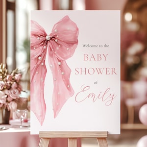 Pink Bow Baby Shower Welcome Sign - Bows and Pearls Baby Shower Sign  - Coquette Bow Girl Baby Shower Decor - Editable Template BS164